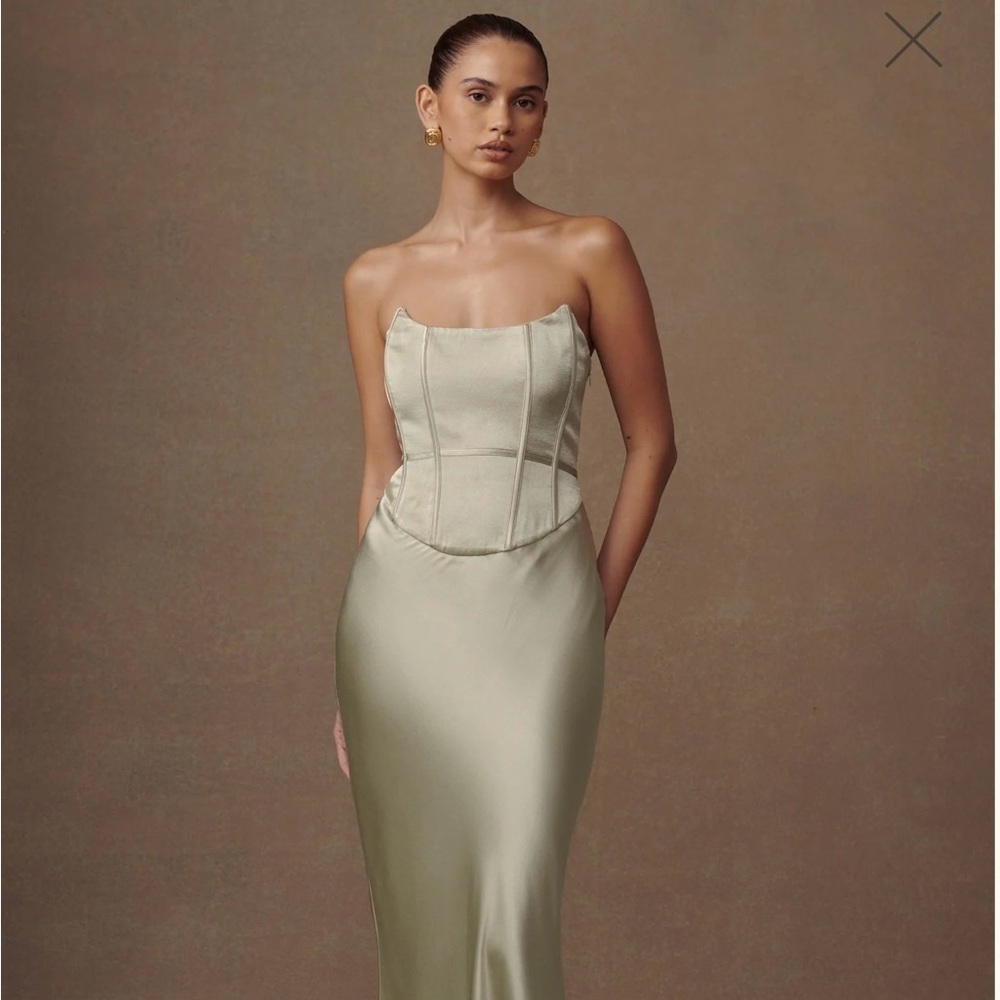 Meshki Harlow satin strapless dress in sage green, size S